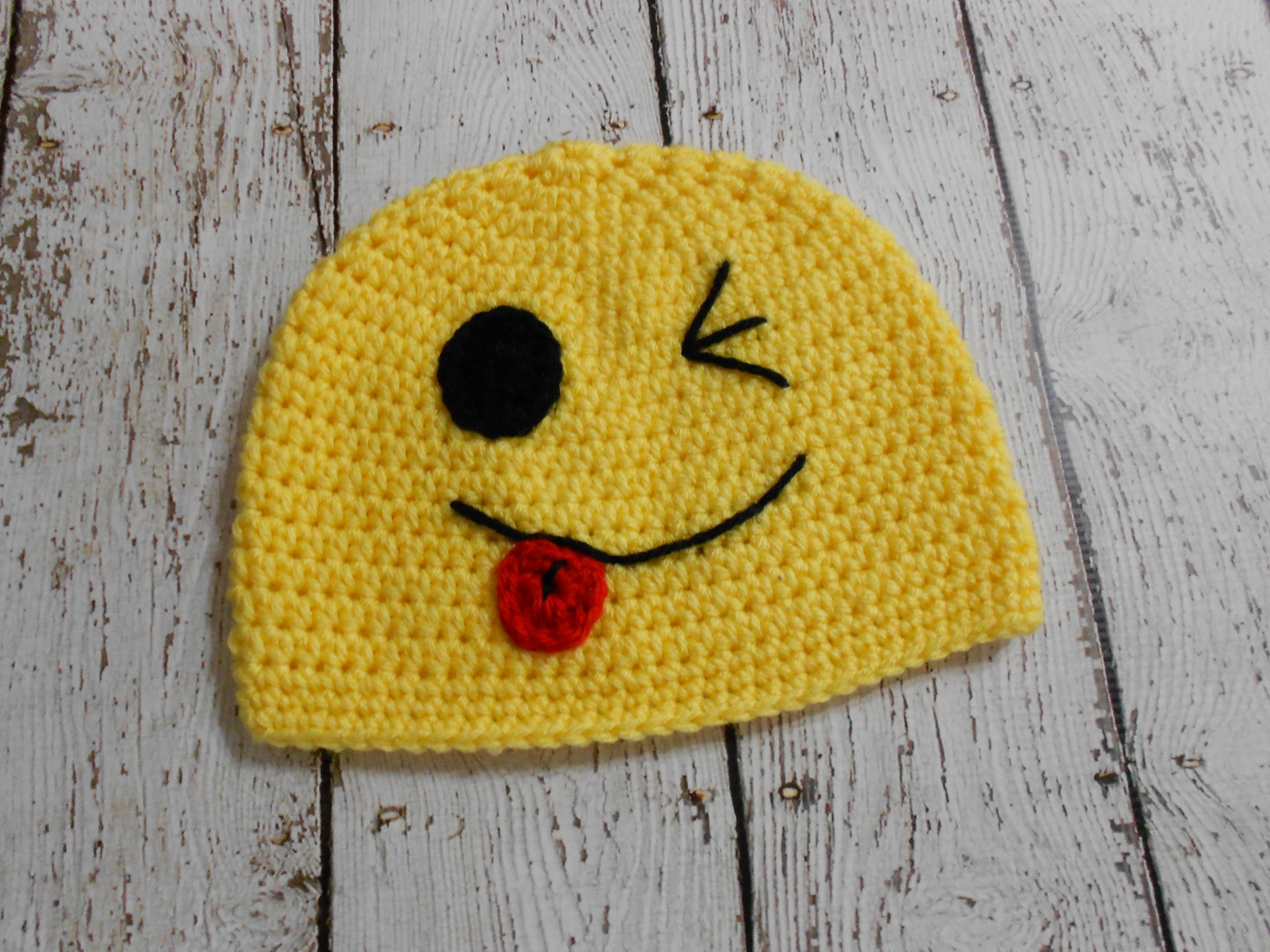 Crochet Emoji Hat Crochet Winking Emoji Hat Yellow Newborn To Adult Etsy