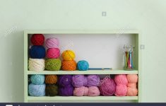 Knitting Yarn Storage Colorful Balls Of Wool On Shelves Variety Of Knitting Yarns Stock