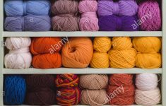 Knitting Yarn Storage Colorful Balls Of Wool On Shelves Variety Of Knitting Yarns Stock